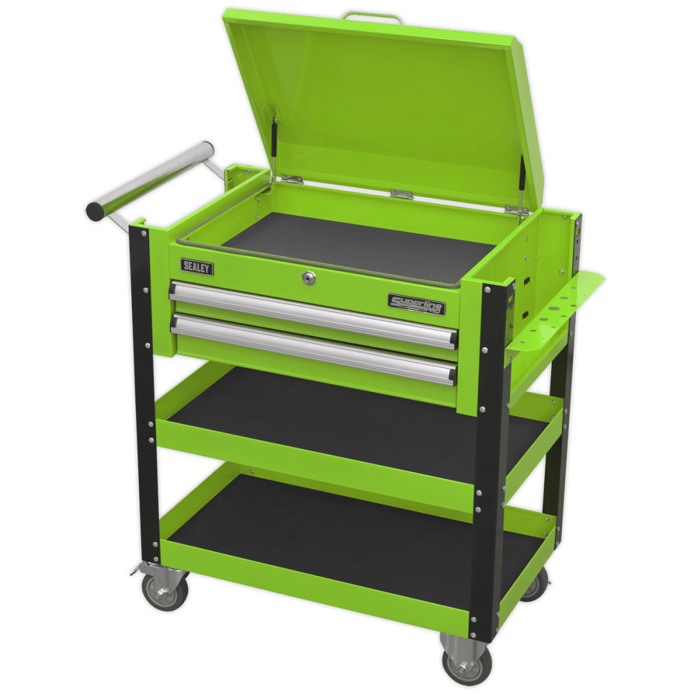 Sealey Heavy-Duty Mobile Tool & Parts Trolley 2 Drawers & Lockable Top - Hi-Vis Green Model No- AP760MHV