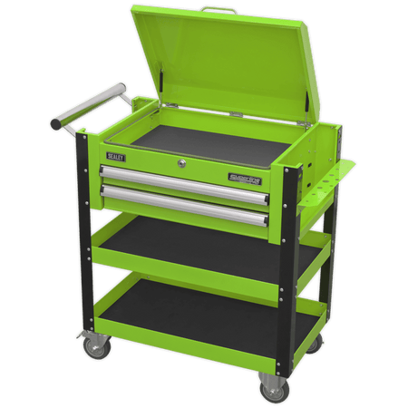 Sealey Heavy-Duty Mobile Tool & Parts Trolley 2 Drawers & Lockable Top - Hi-Vis Green Model No- AP760MHV