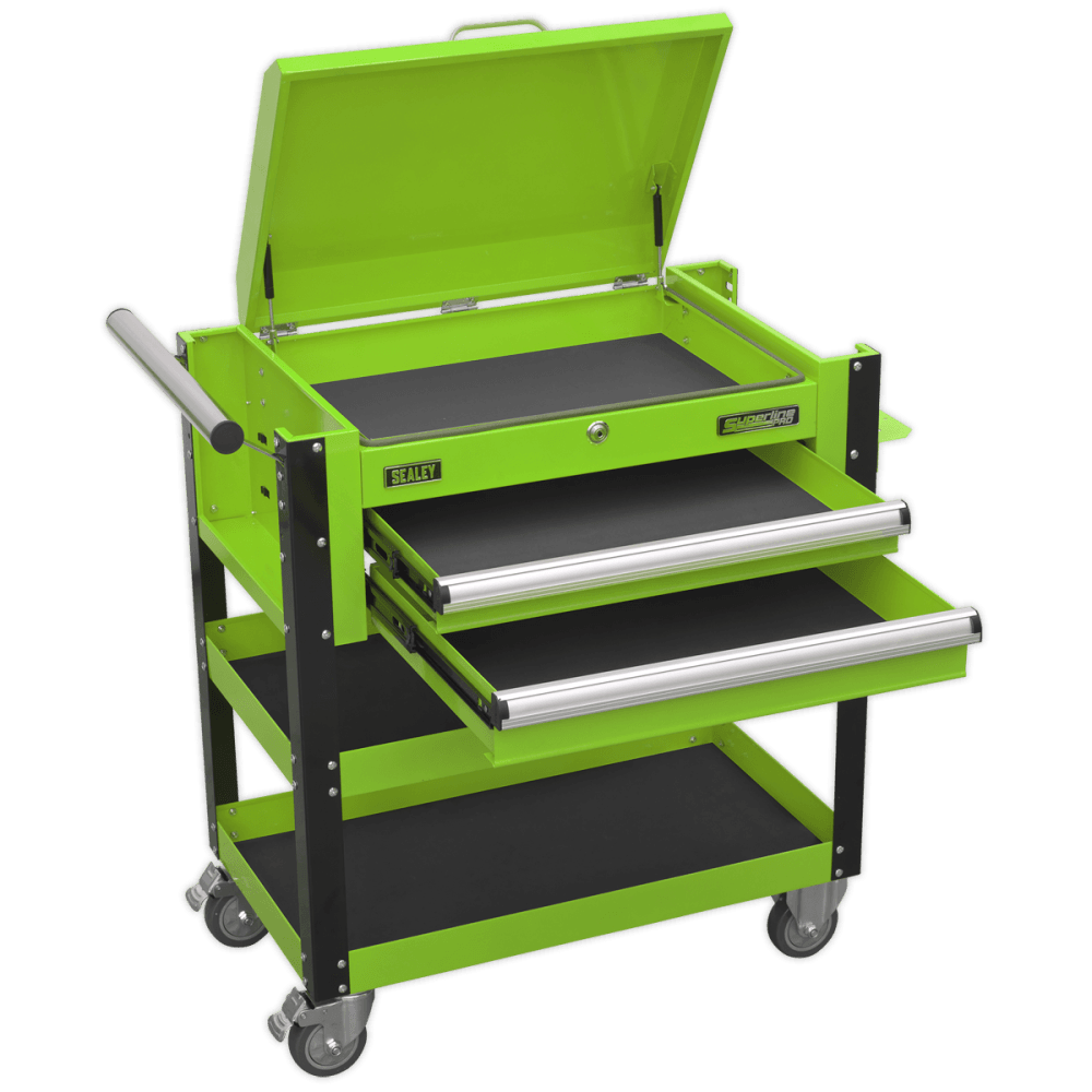 Sealey Heavy-Duty Mobile Tool & Parts Trolley 2 Drawers & Lockable Top - Hi-Vis Green Model No- AP760MHV