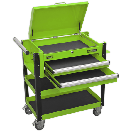 Sealey Heavy-Duty Mobile Tool & Parts Trolley 2 Drawers & Lockable Top - Hi-Vis Green Model No- AP760MHV