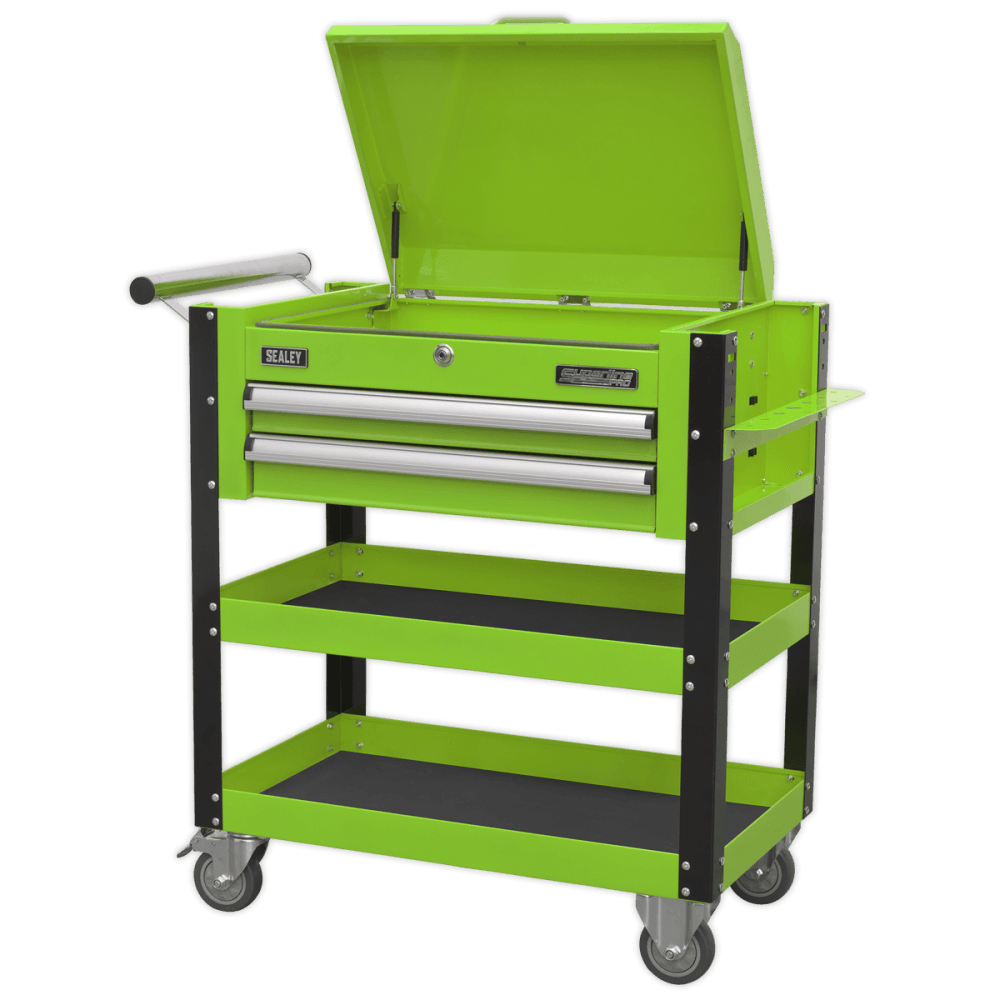 Sealey Heavy-Duty Mobile Tool & Parts Trolley 2 Drawers & Lockable Top - Hi-Vis Green Model No- AP760MHV