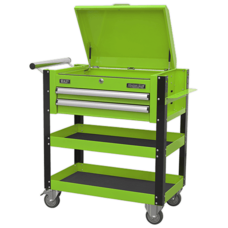 Sealey Heavy-Duty Mobile Tool & Parts Trolley 2 Drawers & Lockable Top - Hi-Vis Green Model No- AP760MHV