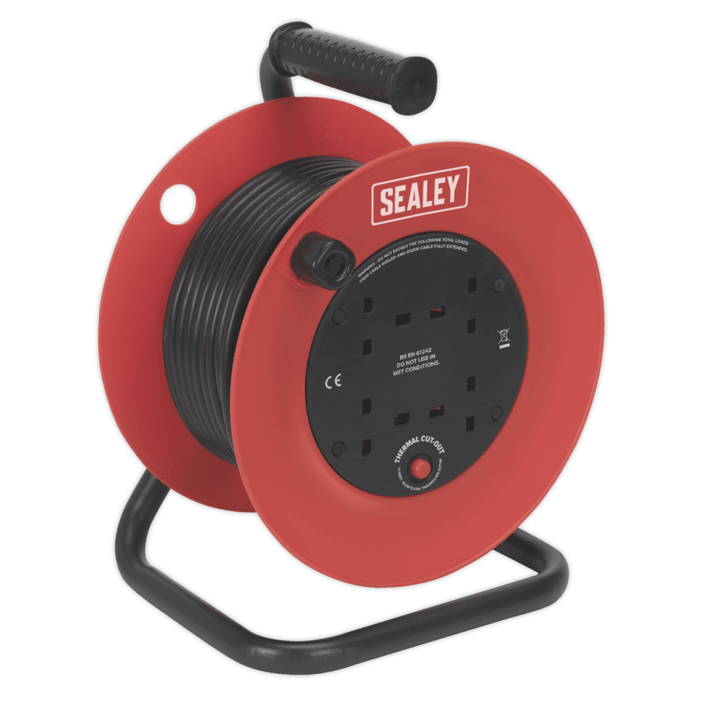 Sealey Cable Reel 25mtr 4 x 230V 1.5mm Heavy-Duty Thermal Trip Model No-CR25/1.5