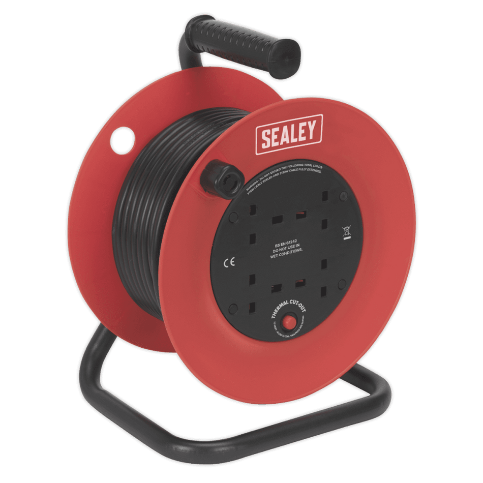 Sealey Cable Reel 25mtr 4 x 230V 1.5mm Heavy-Duty Thermal Trip Model No-CR25/1.5