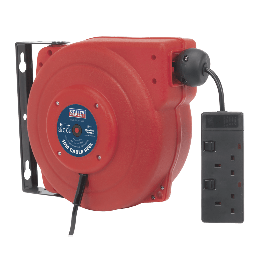 Sealey Cable Reel System Retractable 15mtr 2 x 230V Socket Model No-CRM15