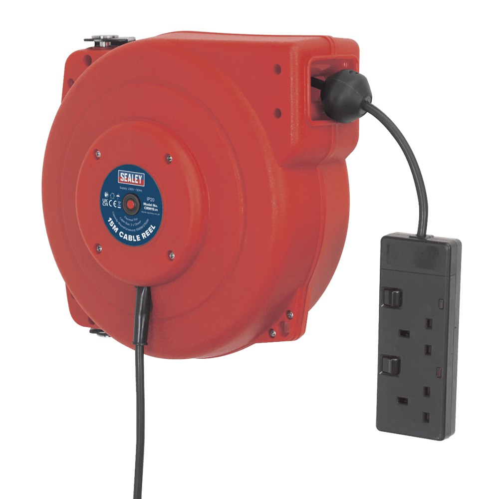 Sealey Cable Reel System Retractable 15mtr 2 x 230V Socket Model No-CRM15