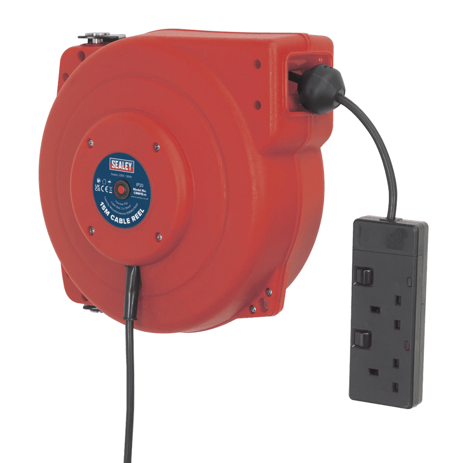 Sealey Cable Reel System Retractable 15mtr 2 x 230V Socket Model No-CRM15