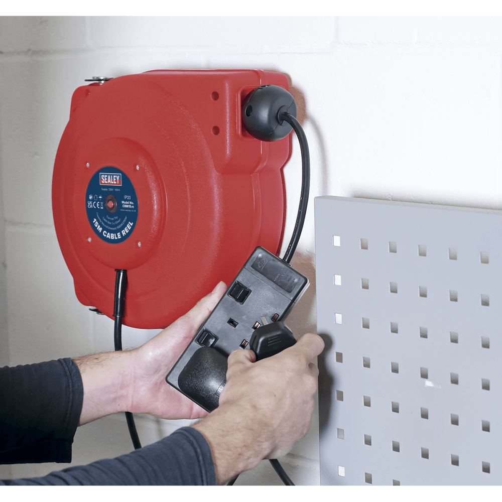 Sealey Cable Reel System Retractable 15mtr 2 x 230V Socket Model No-CRM15