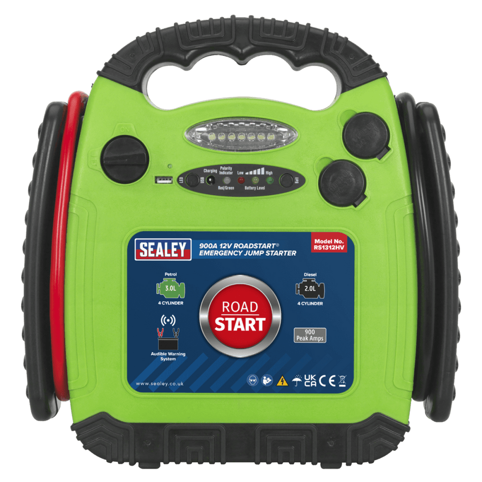 Sealey RoadStart, Emergency Power Pack 12V 900 Peak Amps Hi-Vis Green Model No- 22539