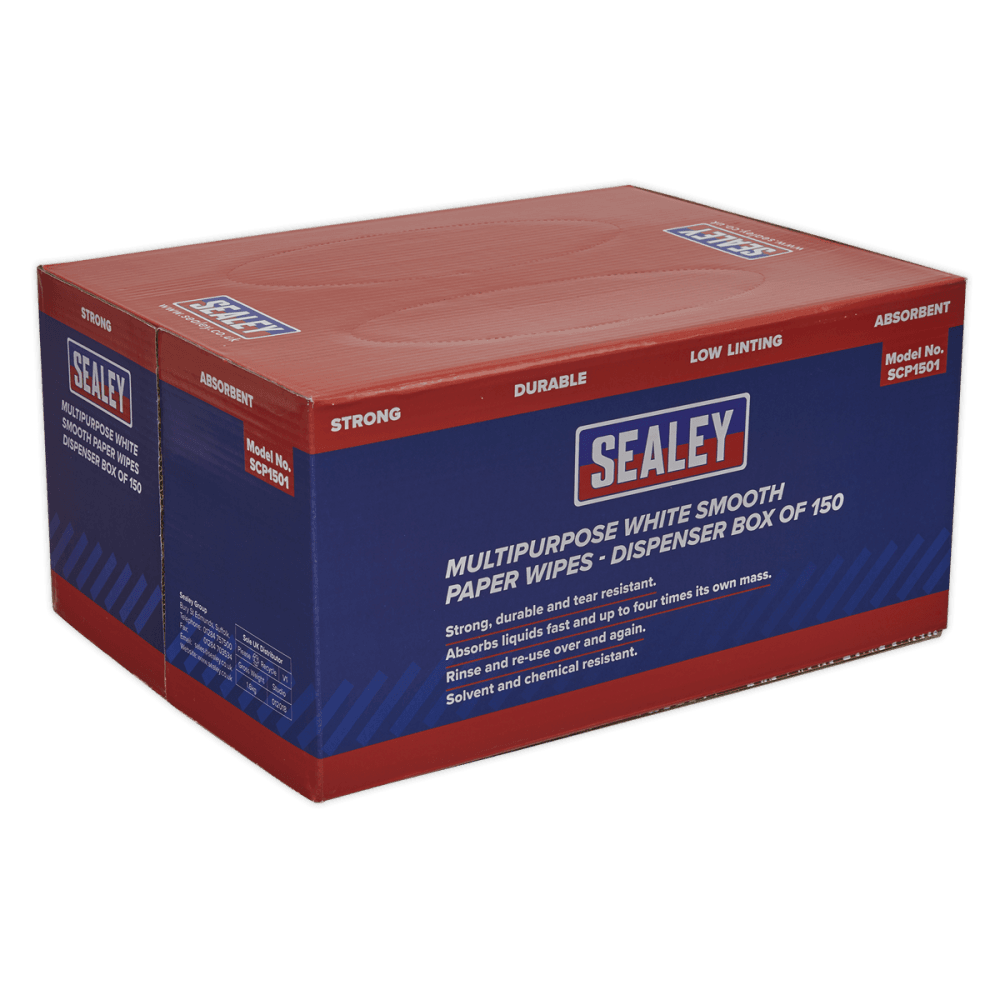 Sealey Multipurpose Paper Wipes in Dispenser Box - Smooth White 73gsm 150 Sheets Model No-SCP1501