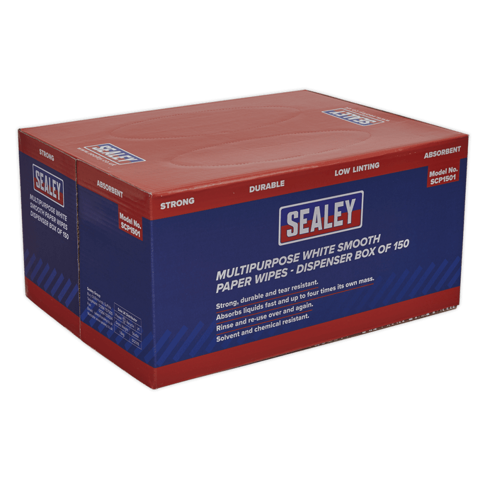 Sealey Multipurpose Paper Wipes in Dispenser Box - Smooth White 73gsm 150 Sheets Model No-SCP1501