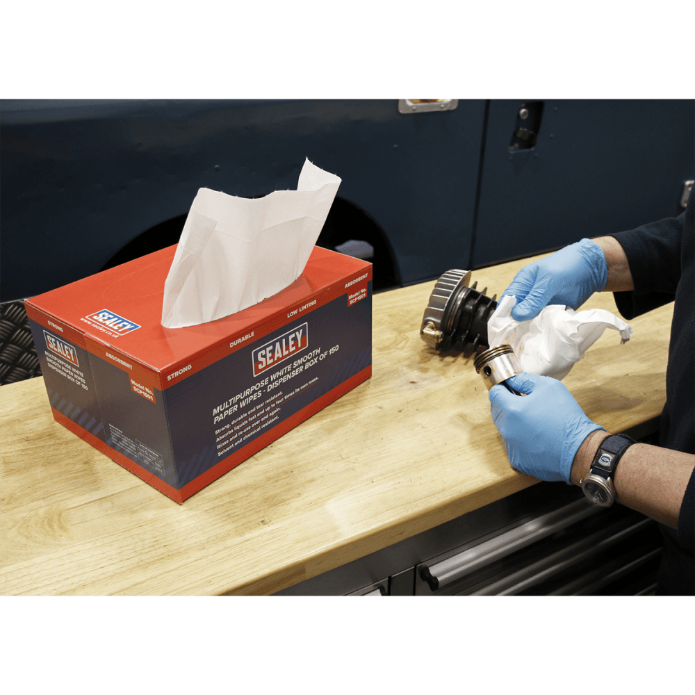 Sealey Multipurpose Paper Wipes in Dispenser Box - Smooth White 73gsm 150 Sheets Model No-SCP1501