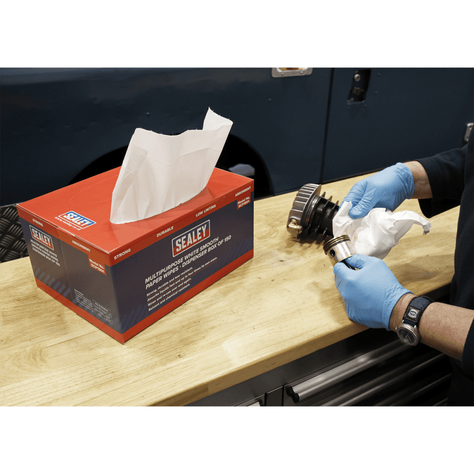 Sealey Multipurpose Paper Wipes in Dispenser Box - Smooth White 73gsm 150 Sheets Model No-SCP1501