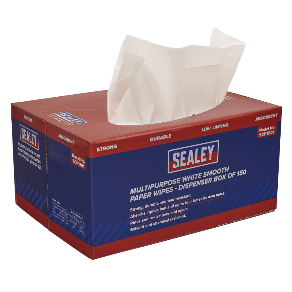 Sealey Multipurpose Paper Wipes in Dispenser Box - Smooth White 73gsm 150 Sheets Model No-SCP1501