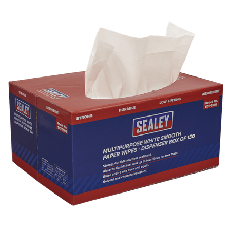 Sealey Multipurpose Paper Wipes in Dispenser Box - Smooth White 73gsm 150 Sheets Model No-SCP1501