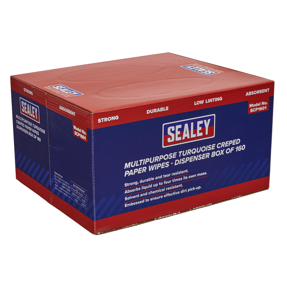Sealey Multipurpose Paper Wipes in Dispenser Box - Creped Turquoise 69gsm 160 Sheets Model No-SCP1601