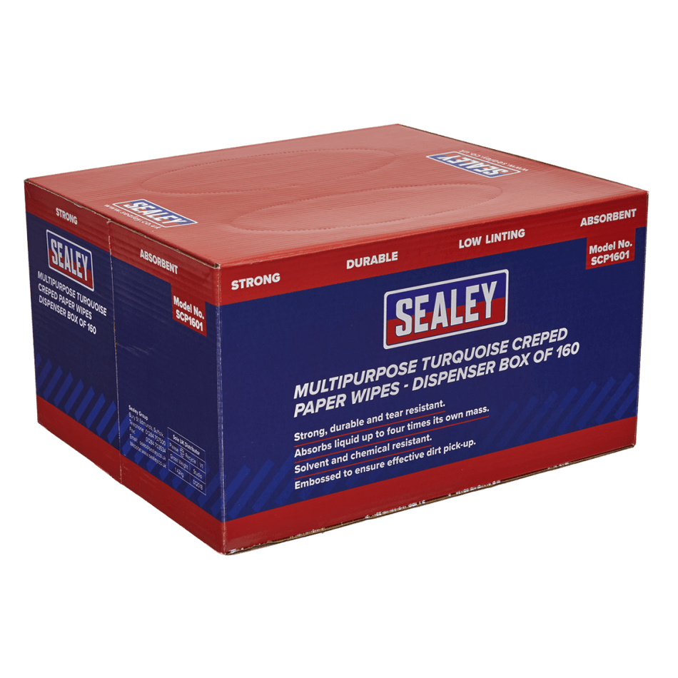 Sealey Multipurpose Paper Wipes in Dispenser Box - Creped Turquoise 69gsm 160 Sheets Model No-SCP1601