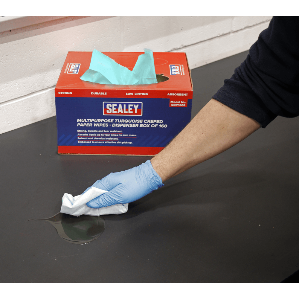 Sealey Multipurpose Paper Wipes in Dispenser Box - Creped Turquoise 69gsm 160 Sheets Model No-SCP1601