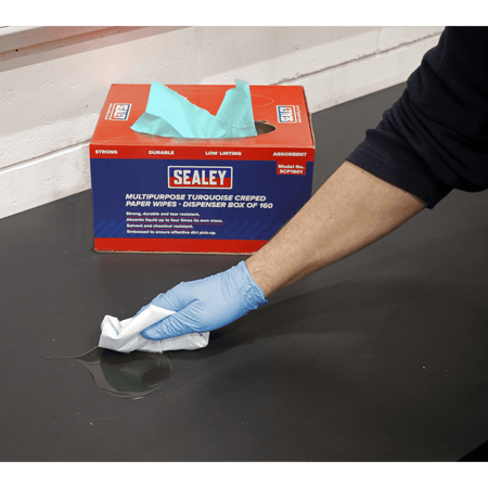Sealey Multipurpose Paper Wipes in Dispenser Box - Creped Turquoise 69gsm 160 Sheets Model No-SCP1601