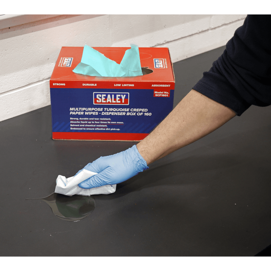 Sealey Multipurpose Paper Wipes in Dispenser Box - Creped Turquoise 69gsm 160 Sheets Model No-SCP1601