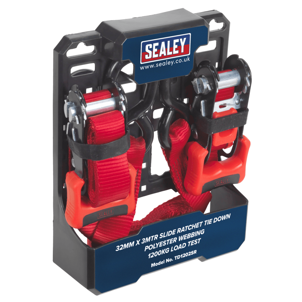 Sealey Slide Ratchet Tie Down 32mm x 3mtr Polyester Webbing with S Hooks 1200kg Load Test Model No-TD1202SR