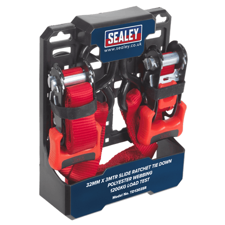 Sealey Slide Ratchet Tie Down 32mm x 3mtr Polyester Webbing with S Hooks 1200kg Load Test Model No-TD1202SR