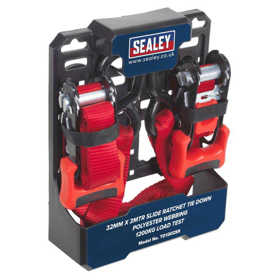 Sealey Slide Ratchet Tie Down 32mm x 3mtr Polyester Webbing with S Hooks 1200kg Load Test Model No-TD1202SR