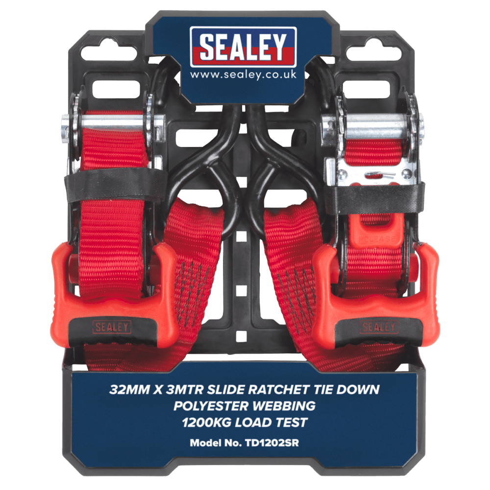 Sealey Slide Ratchet Tie Down 32mm x 3mtr Polyester Webbing with S Hooks 1200kg Load Test Model No-TD1202SR