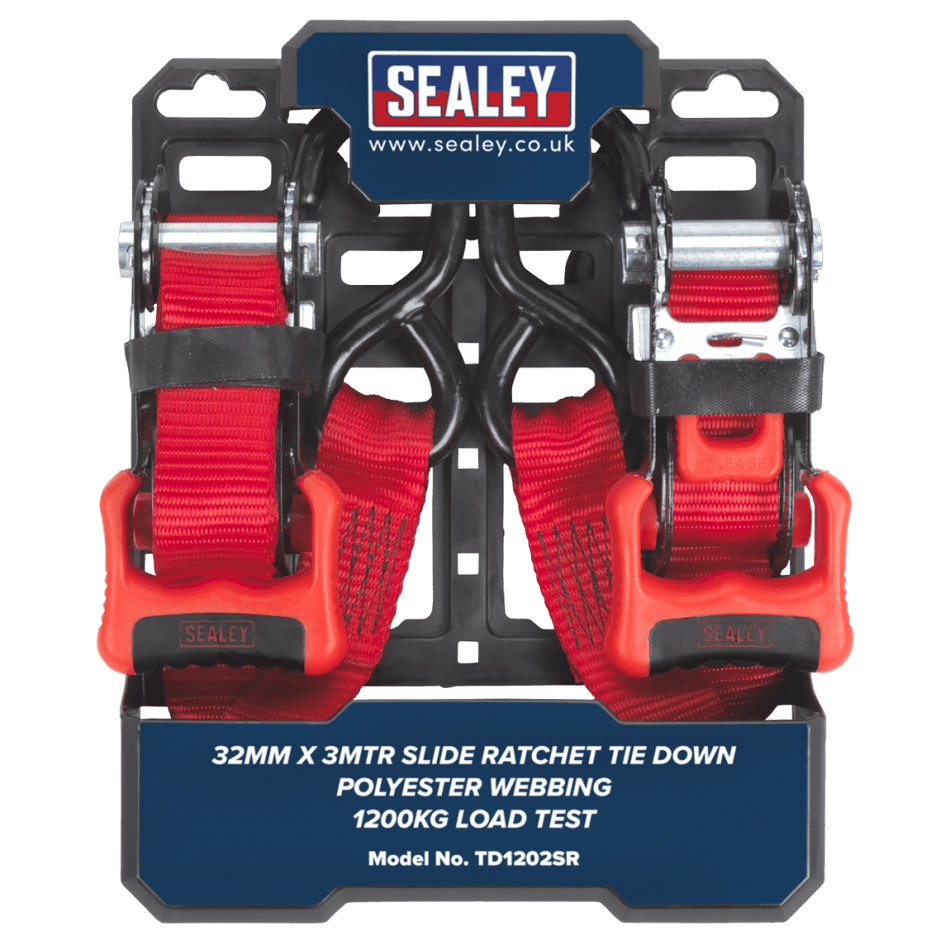 Sealey Slide Ratchet Tie Down 32mm x 3mtr Polyester Webbing with S Hooks 1200kg Load Test Model No-TD1202SR