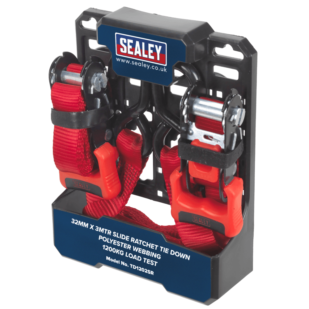 Sealey Slide Ratchet Tie Down 32mm x 3mtr Polyester Webbing with S Hooks 1200kg Load Test Model No-TD1202SR