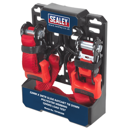 Sealey Slide Ratchet Tie Down 32mm x 3mtr Polyester Webbing with S Hooks 1200kg Load Test Model No-TD1202SR
