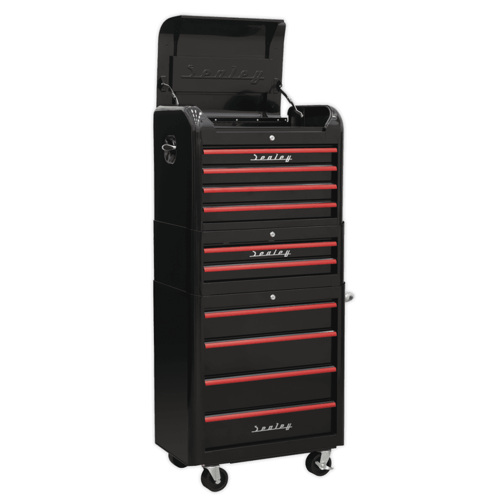 Sealey Retro Style Topchest, Mid-Box & Rollcab Combination 10 Drawer - Black with Red Anodised Drawer Pulls Model No-AP28COMBO2BR
