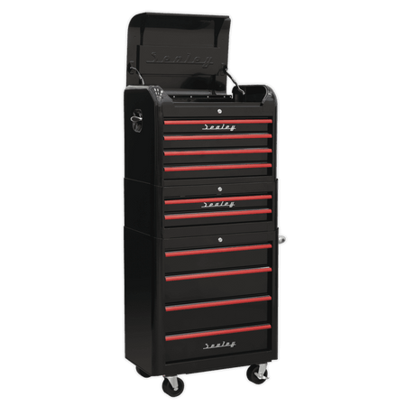 Sealey Retro Style Topchest, Mid-Box & Rollcab Combination 10 Drawer - Black with Red Anodised Drawer Pulls Model No-AP28COMBO2BR