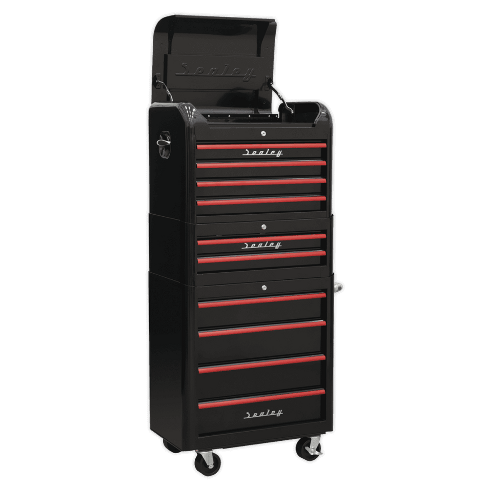 Sealey Retro Style Topchest, Mid-Box & Rollcab Combination 10 Drawer - Black with Red Anodised Drawer Pulls Model No-AP28COMBO2BR
