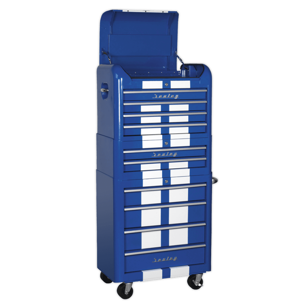 Sealey Retro Style Topchest, Mid-Box & Rollcab Combination 10 Drawer Blue/White Stripes Model No-AP28COMBO2BWS