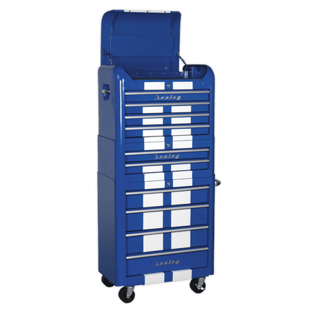 Sealey Retro Style Topchest, Mid-Box & Rollcab Combination 10 Drawer Blue/White Stripes Model No-AP28COMBO2BWS