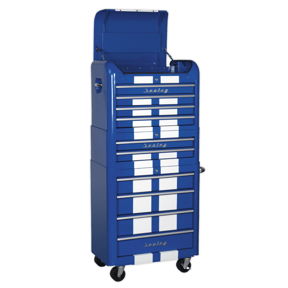 Sealey Retro Style Topchest, Mid-Box & Rollcab Combination 10 Drawer Blue/White Stripes Model No-AP28COMBO2BWS