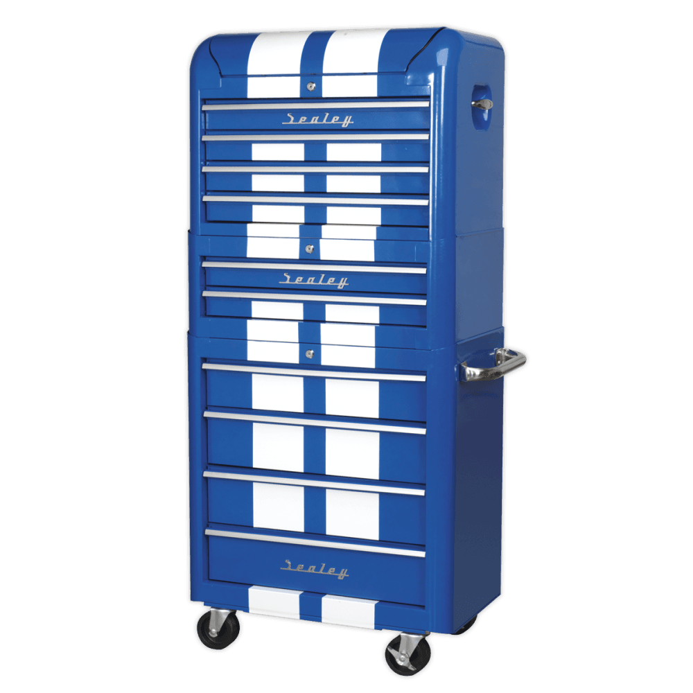 Sealey Retro Style Topchest, Mid-Box & Rollcab Combination 10 Drawer Blue/White Stripes Model No-AP28COMBO2BWS