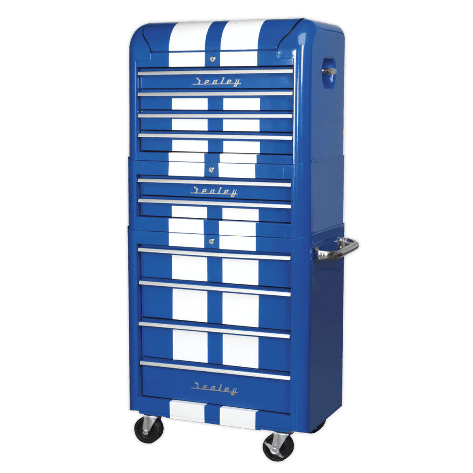 Sealey Retro Style Topchest, Mid-Box & Rollcab Combination 10 Drawer Blue/White Stripes Model No-AP28COMBO2BWS
