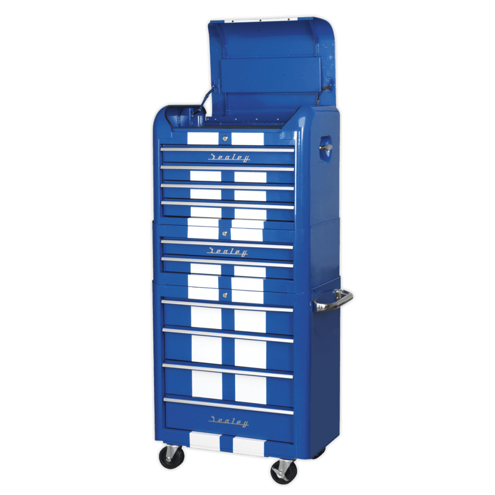 Sealey Retro Style Topchest, Mid-Box & Rollcab Combination 10 Drawer Blue/White Stripes Model No-AP28COMBO2BWS