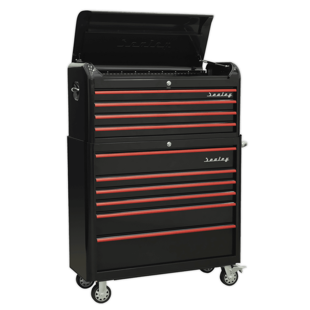 Sealey Retro Style Extra Wide Topchest & Rollcab Combination 10 Drawer - Black with Red Anodised Drawer Pul Model No-AP41COMBOBR