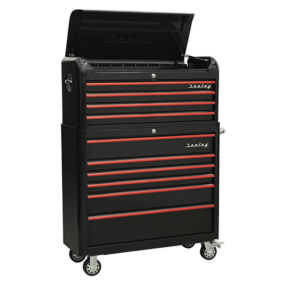 Sealey Retro Style Extra Wide Topchest & Rollcab Combination 10 Drawer - Black with Red Anodised Drawer Pul Model No-AP41COMBOBR