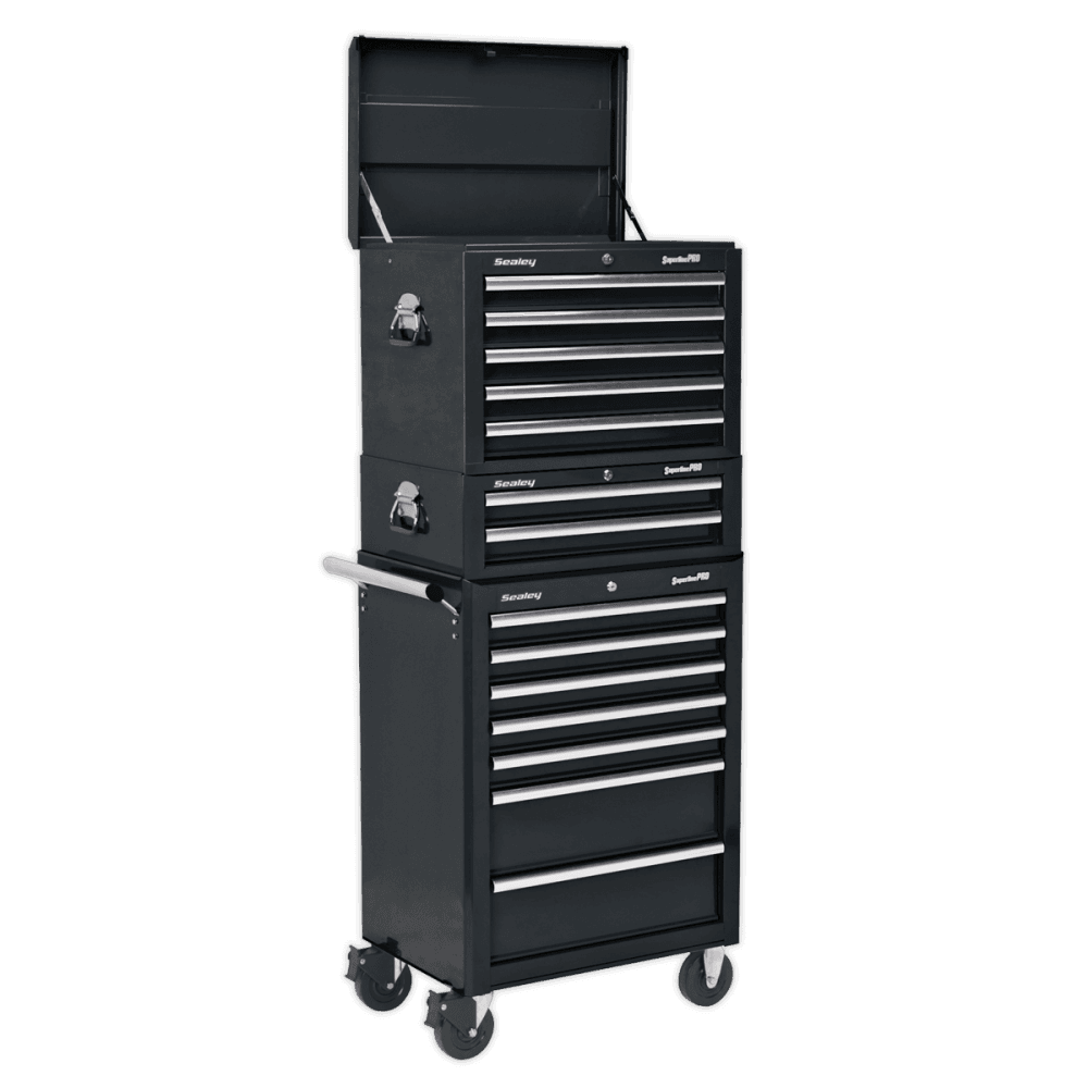 Sealey Topchest, Mid-Box & Rollcab Combination 14 Drawer with Ball Bearing Slides - Black Model No-APSTACKTB