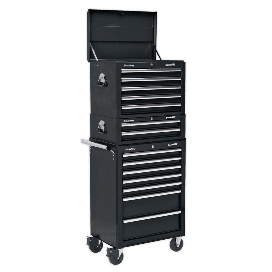 Sealey Topchest, Mid-Box & Rollcab Combination 14 Drawer with Ball Bearing Slides - Black Model No-APSTACKTB