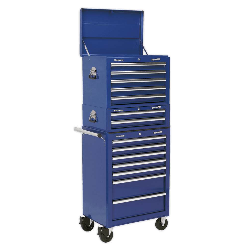 Sealey Topchest, Mid-Box & Rollcab Combination 14 Drawer with Ball Bearing Slides - Blue Model No-APSTACKTC