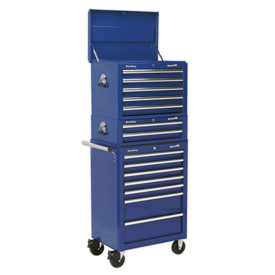 Sealey Topchest, Mid-Box & Rollcab Combination 14 Drawer with Ball Bearing Slides - Blue Model No-APSTACKTC