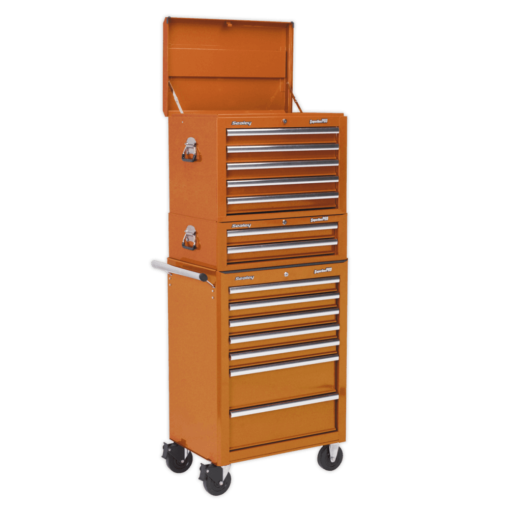 Sealey Topchest, Mid-Box & Rollcab Combination 14 Drawer with Ball Bearing Slides - Orange Model No-APSTACKTO