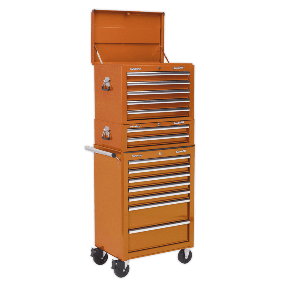Sealey Topchest, Mid-Box & Rollcab Combination 14 Drawer with Ball Bearing Slides - Orange Model No-APSTACKTO
