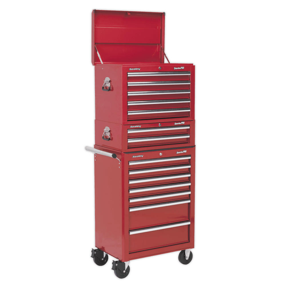 Sealey Topchest, Mid-Box & Rollcab Combination 14 Drawer with Ball Bearing Slides - Red Model No-APSTACKTR
