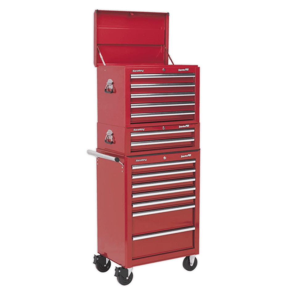 Sealey Topchest, Mid-Box & Rollcab Combination 14 Drawer with Ball Bearing Slides - Red Model No-APSTACKTR